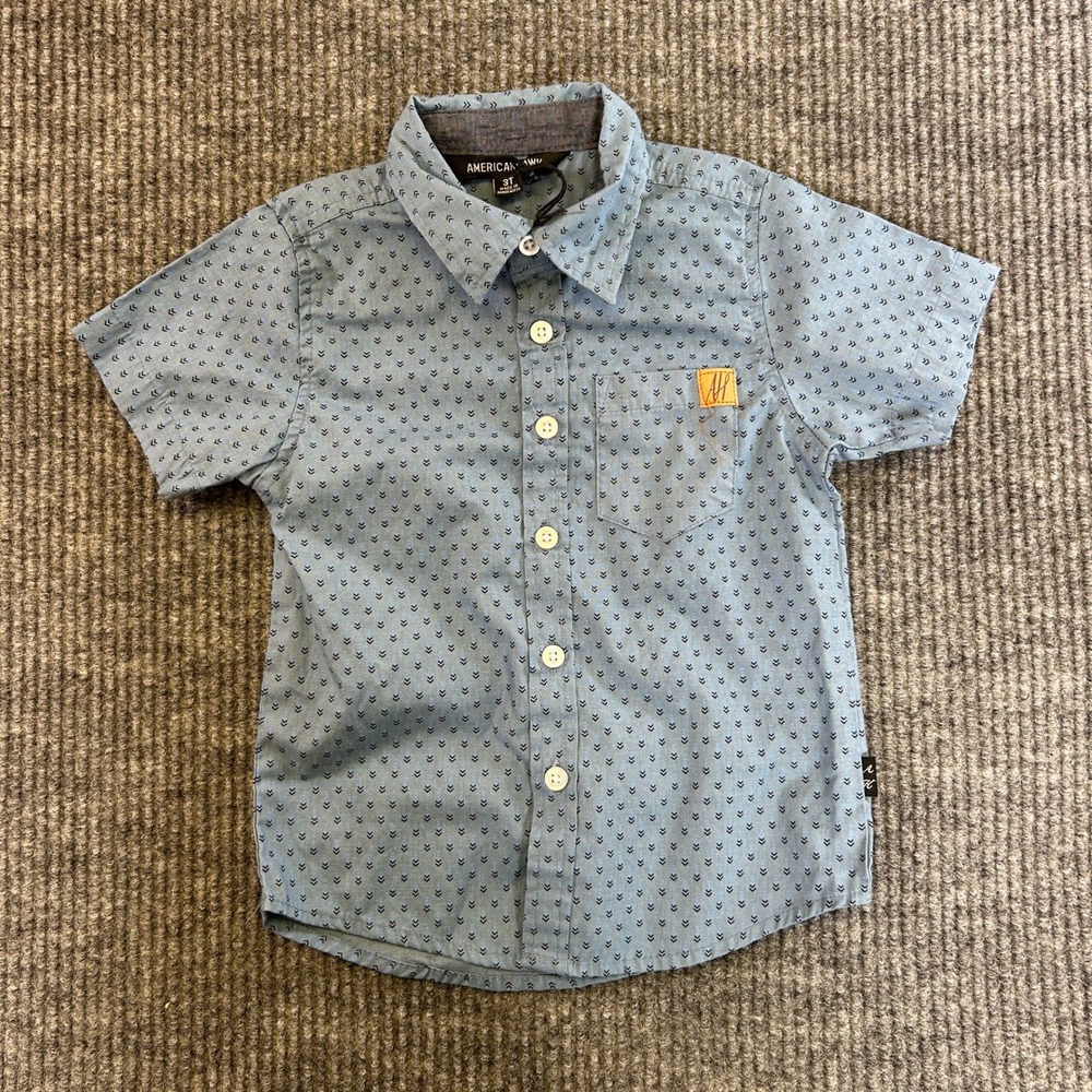 American Hawk Boys Blue Chevron Print Short Sleeve Button Down Shirt 3T